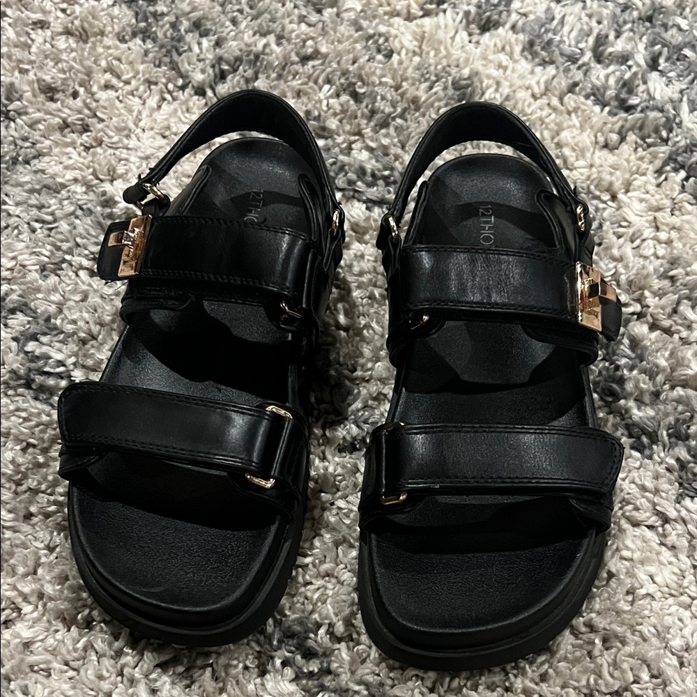 Black Sandals with Gold Accents